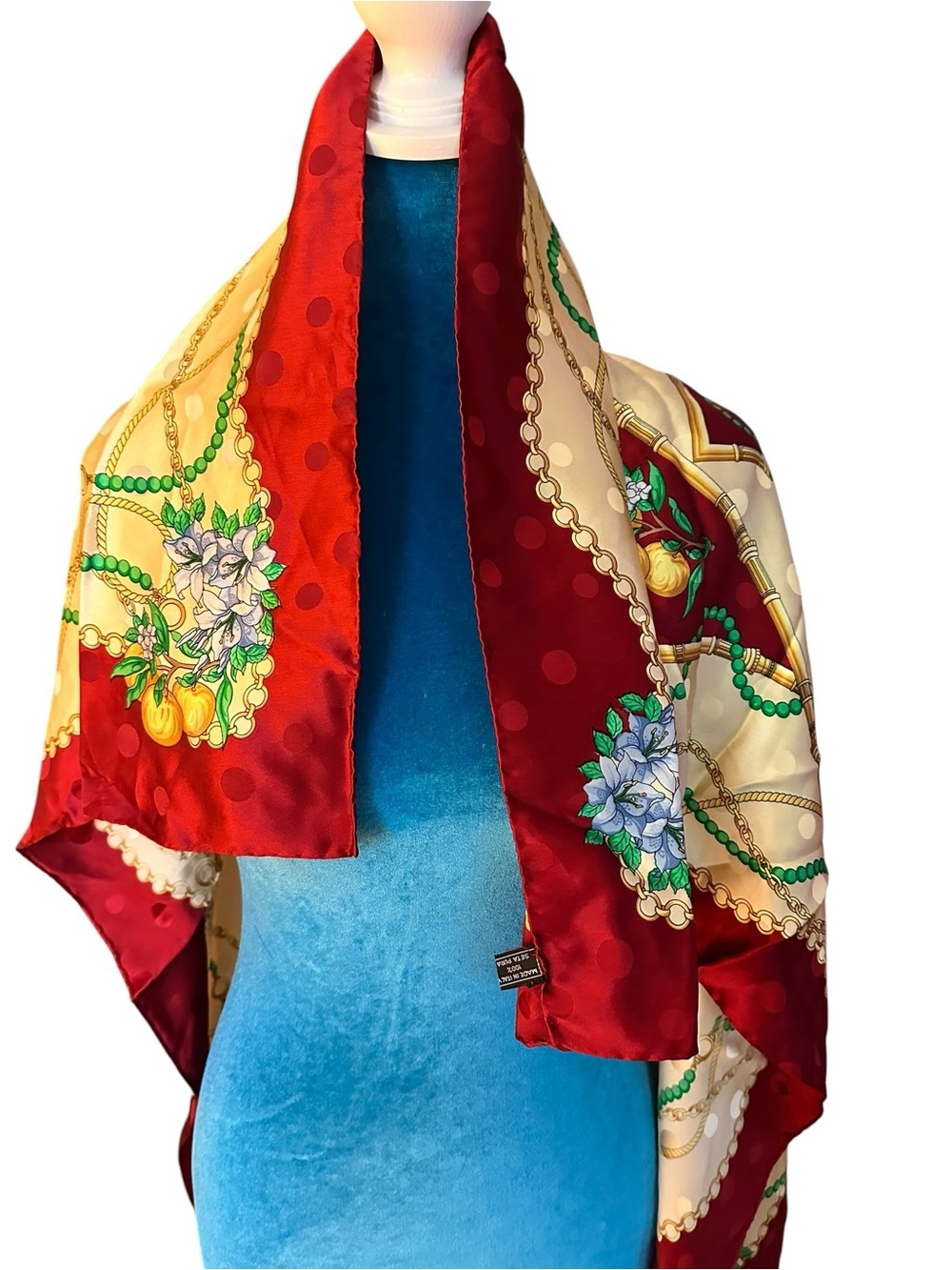 Luxurious silk Red and Cream Floral Satin Scarf - rectangular made in Italy